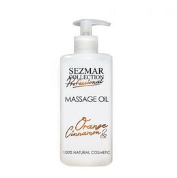 Orange and cinnamon scented massage oil, 500 ml bottle with pump dispenser. Moisturizing and nourishing formula for relaxing massages.