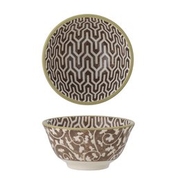 A round, brown stoneware bowl with a textured, patterned design.