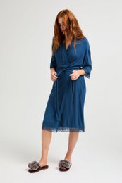  Teal bamboo lace kimono robe with long sleeves and a belted waist. Made of soft, breathable bamboo material.