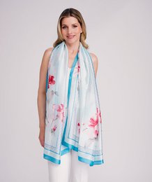 "Light blue satin silk scarf with pink floral pattern and blue border stripes"