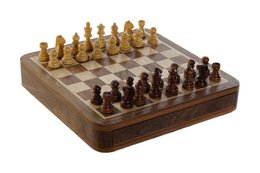 Wooden chess set with acacia and maple pieces, 18x18x3 inches in size, with a natural magnetic design.