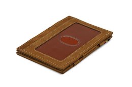 Camel brown leather wallet with ID window. Rectangular shape, simple design.