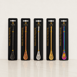 Bombilla tea filter straws in various metallic colors including gold, silver, bronze, and more. Ideal for enjoying traditional mate tea.