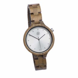 Elegant wooden watch with a silver dial and a neutral-toned wooden band.