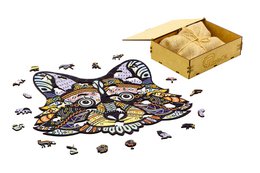 Colorful wooden jigsaw puzzle featuring vibrant squirrel forest design with natural wood box packaging.