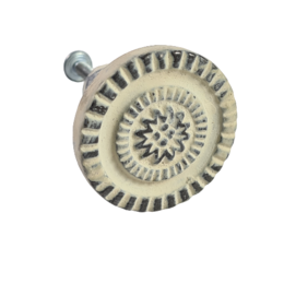 Round white metal door knob with decorative spiral pattern, vintage style hardware fixture