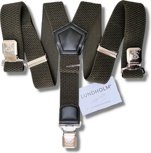 Bretels heren X-vorm 3 clips militair groen — heavy duty — Lundholm Bastad