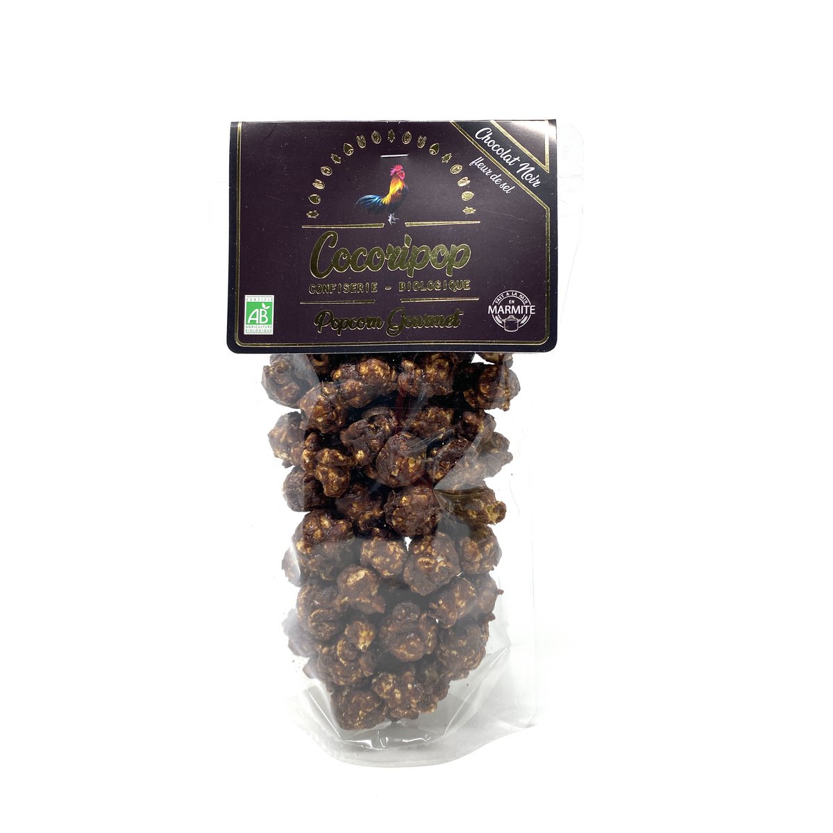 Dark chocolate fleur de sel popcorn (2024 Epicures gold medal)