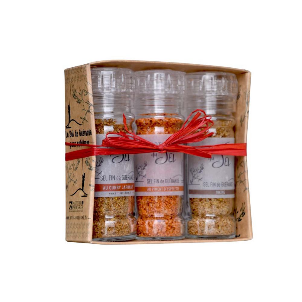 Coffret de 3 Moulins – Sel fin de Guérande IGP aux Épices (Piment d'Espelette, Curry Japonais, Viking) | Artisans du Sel