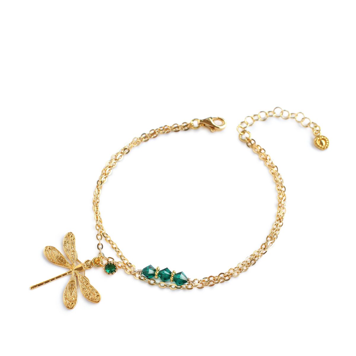 18K gold plated double chain dragonfly bracelet with Emerald crystals