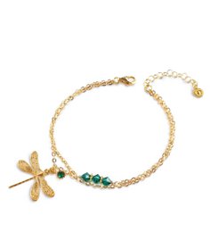 18K gold plated double chain dragonfly bracelet with Emerald crystals
