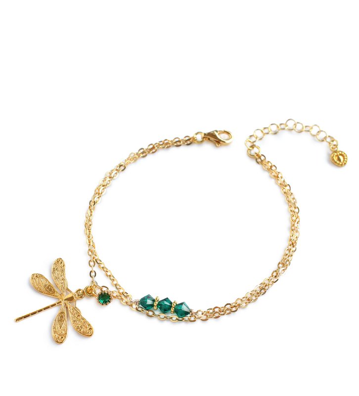 18K gold plated double chain dragonfly bracelet with Emerald crystals
