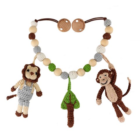 Gehaakte kinderwagenketting Safari 2: Aap & Leeuw