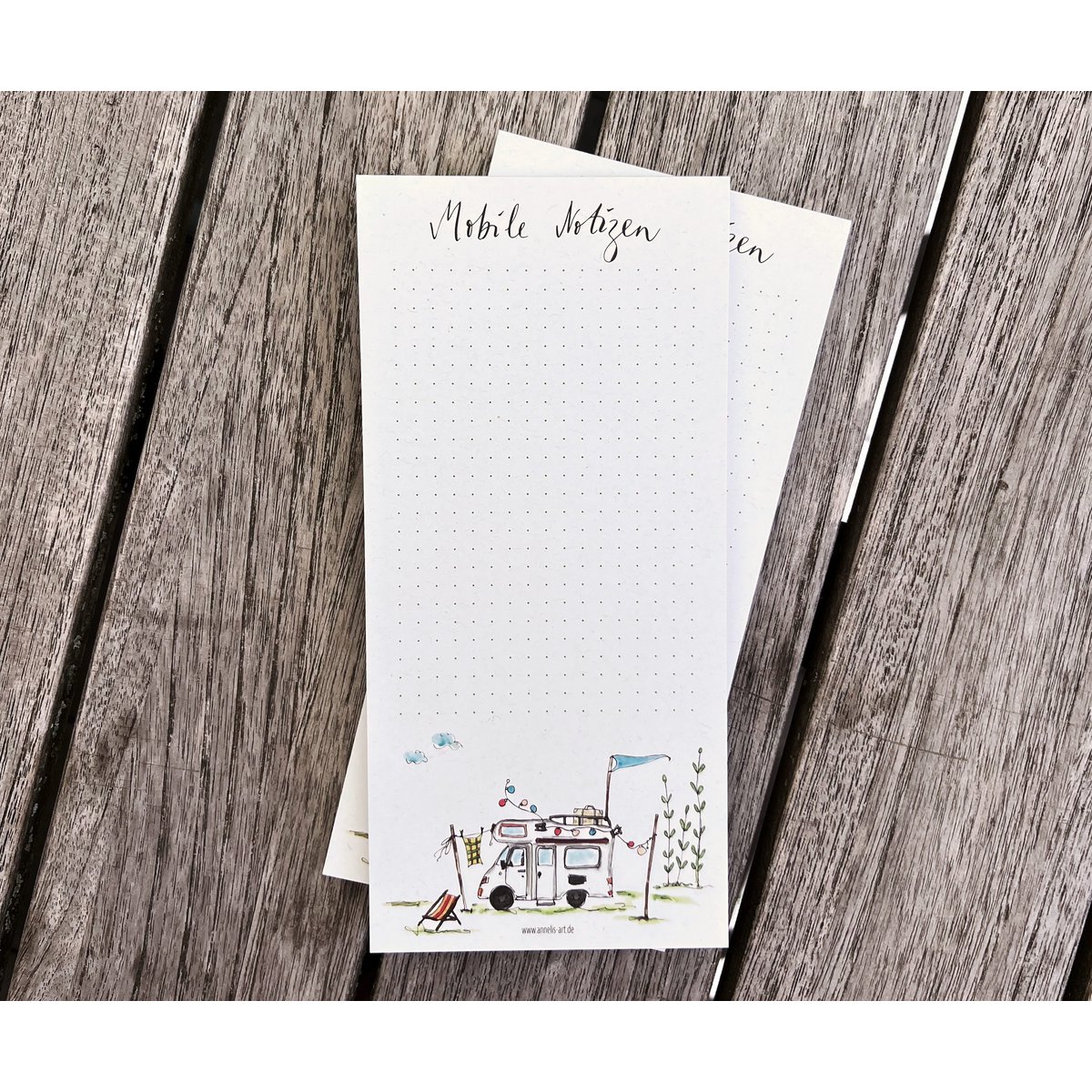 Writing block made of recycled paper | Motorhome on a camping vacation | DIN format (long) | 99 x 210 mm | Dotted