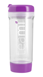 A 600 ml purple tea tumbler with a clear body and a purple lid.