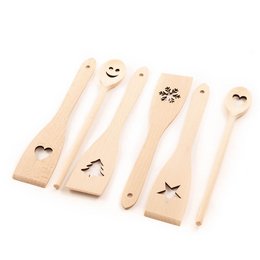 Ensemble d'ustensiles de cuisine en bois 6 pièces avec motif (cuillères de cuisine, spatules)