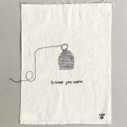 A black and white illustration of a knitted hat with the text "I'll keep you warm" on a textured paper background.