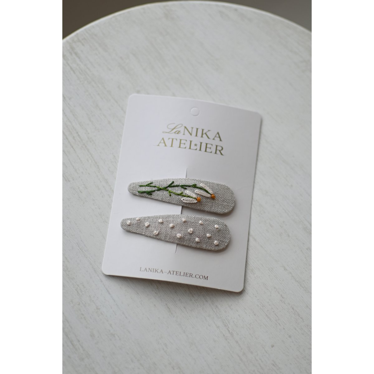 Barrettes fleur de lin naturel+pois