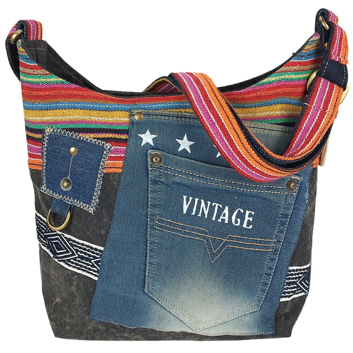 Sunsa schoudertas van upcycled jeans & canvas, vegan damestas