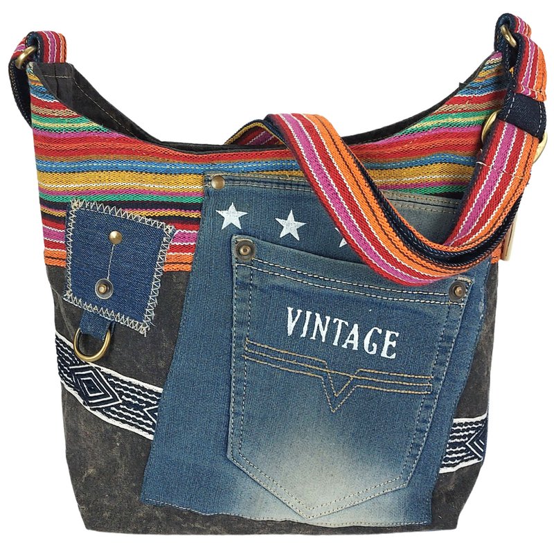 Sunsa schoudertas van upcycled jeans & canvas, vegan damestas