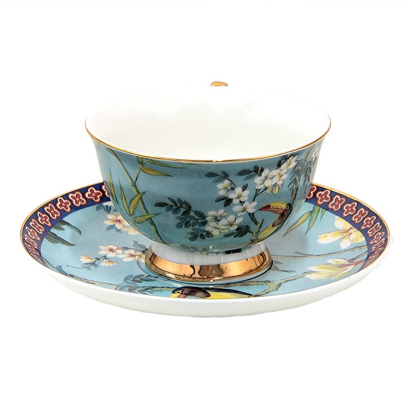 Kop og tallerken 200 ml blåt guld -farvet porcelænsfugle service
