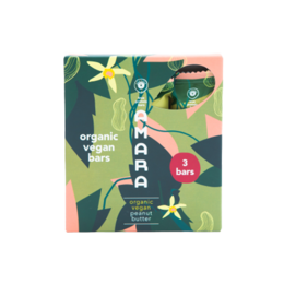 Three organic vegan peanut butter bars in a colorful, nature-inspired package.