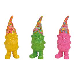 A set of three colorful garden gnome statues, each with a unique floral pattern. The gnomes are made of poly material and measure approximately 6 x 20 x 6 cm in size.