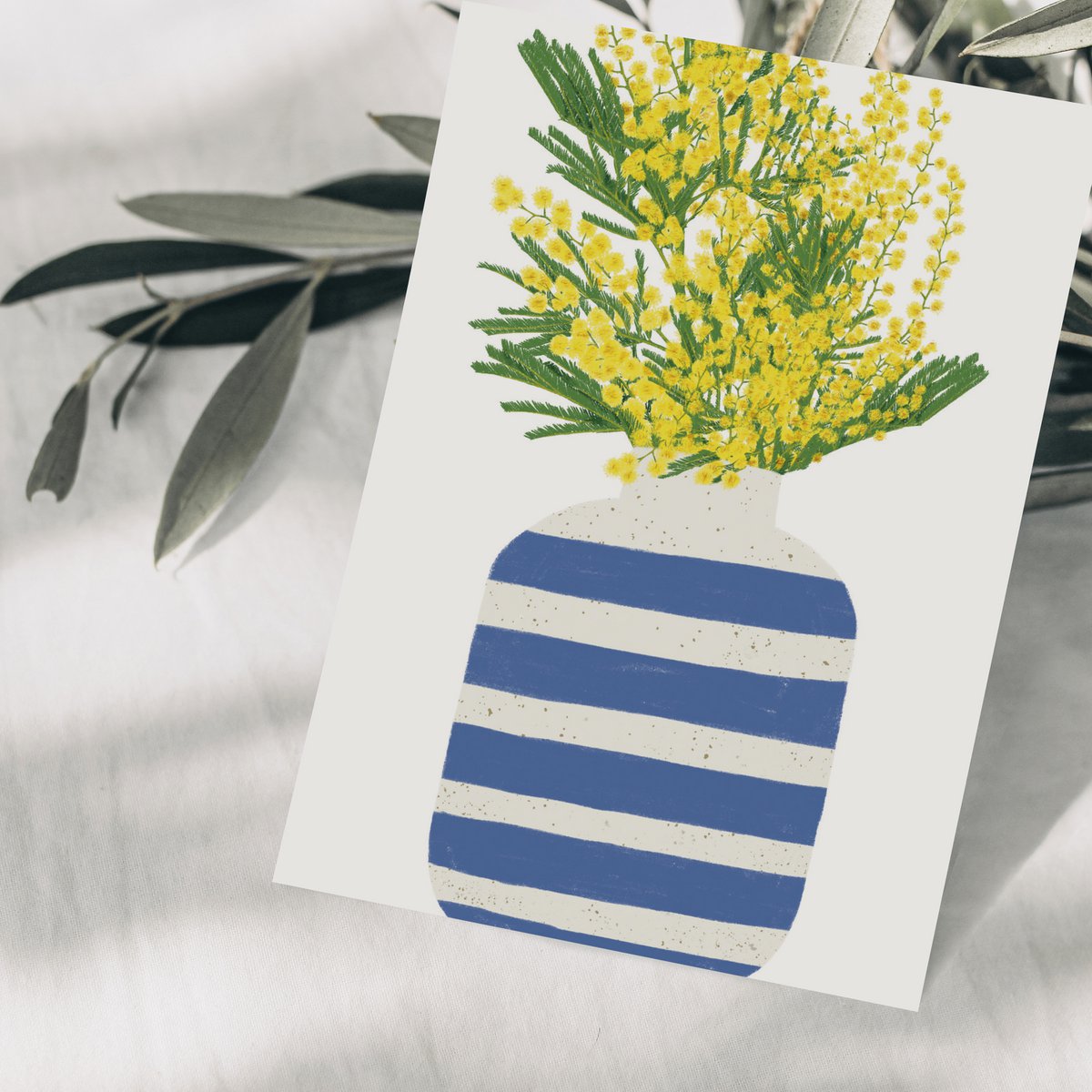 Postcard blue striped vase with yellow flowers
