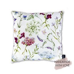 Colorful floral throw pillow with a variety of flowers and butterflies. The pillow features a soft, plush fabric and is handmade with love.