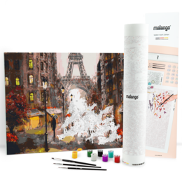 A colorful painting depicting a street scene in Paris, with the Eiffel Tower visible in the background. The painting features a vibrant, impressionistic style with people walking along the street, umbrellas, and a snowy winter atmosphere.