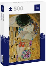A 500-piece puzzle depicting the famous painting "The Kiss" by Gustav Klimt. The puzzle features a detailed, colorful image of the central couple embracing in Klimt's signature Art Nouveau style, with intricate patterns and floral elements surrounding them.