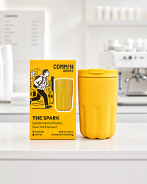 Bright yellow insulated travel mug, cylindrical shape, modern design, thermal cup for hot cold beverages
