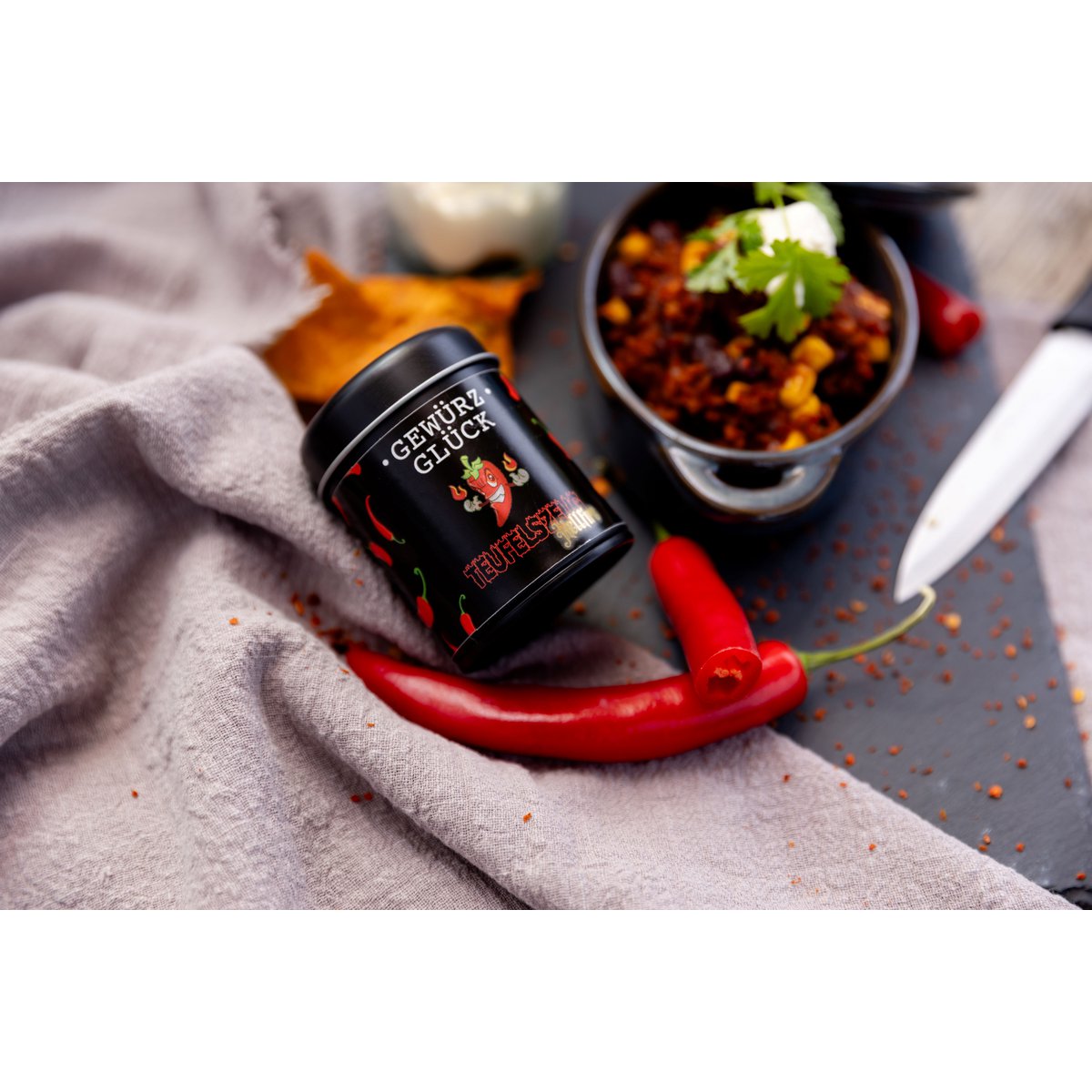 Gewürz-Glück Hellfire Teufelszeug – Ekstremalnie ostra mieszanka przypraw z Carolina Reaper, Habanero i Scorpion Chili do chili, mięsa, makaronów i grilla