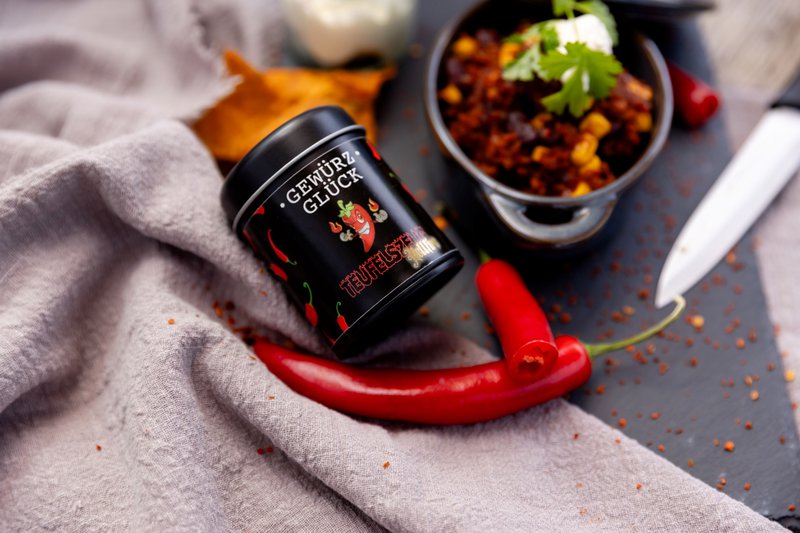 Gewürz-Glück Hellfire Teufelszeug – Ekstremt varm krydderiblanding med Carolina Reaper, Habanero & Scorpion Chili til chili, kød, pasta & BBQ