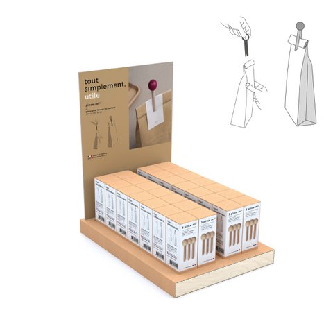 Display voller 56 Schachteln mit 3 Taschenclips aus Holz – natur + kostenloses Display