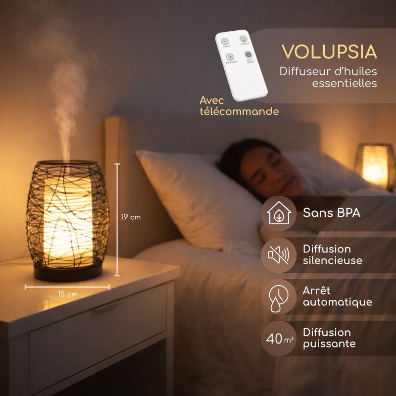 Ultrasonic Diffuser – Volupsia – in Glass and Metal with Remote Control – Simple to Use – Sober Design – Candlelight Lighting