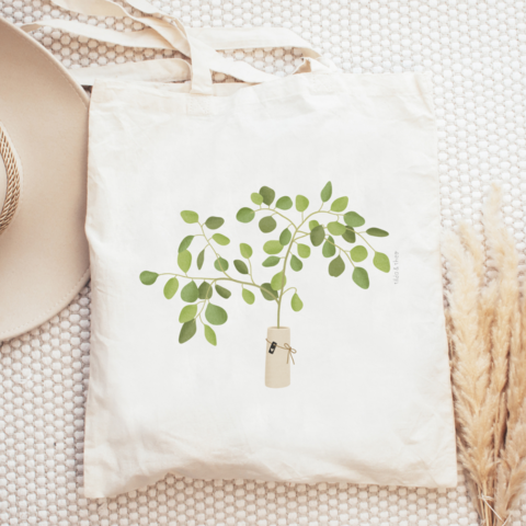 Stoffen tas eucalyptus in vaas - boodschappentas takken jute tas