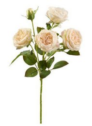 Cream rose artificial flower spray, five blooms, realistic petals, green stems and leaves, single stem bunch.