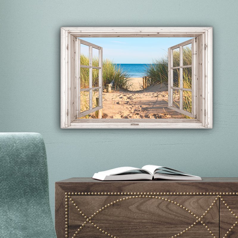 Canvas Maleri - Wall Decoration - View - Beach - Sea - Dunes - Sand - Water - Helmgras