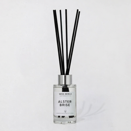 Fragrance diffuser sticks with a fresh, breezy scent. Includes black reed sticks and a glass bottle.