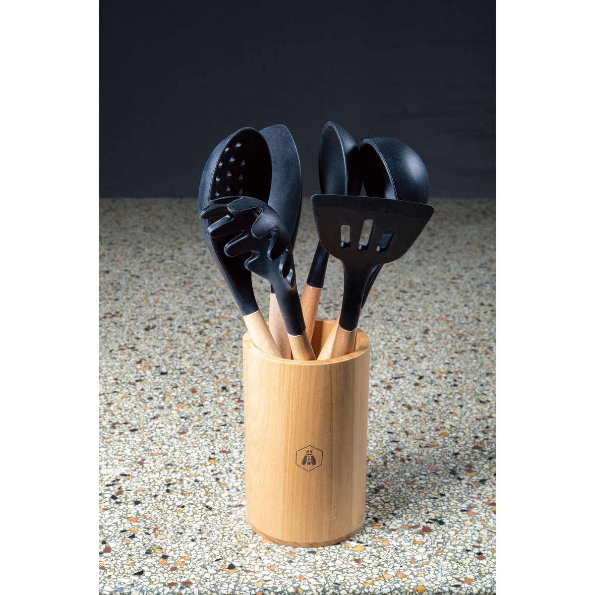 LAGUIOLE Kitchen Utensil 5 Pieces: Skimmer, Ladle, Spatula, Basting Brush, Spaghetti Spoon, Frying, Sauce, Non-Stick, Black - Silicone - Light Wood