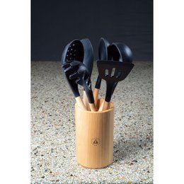 LAGUIOLE Kitchen Utensil 5 Pieces: Skimmer, Ladle, Spatula, Basting Brush, Spaghetti Spoon, Frying, Sauce, Non-Stick, Black - Silicone - Light Wood