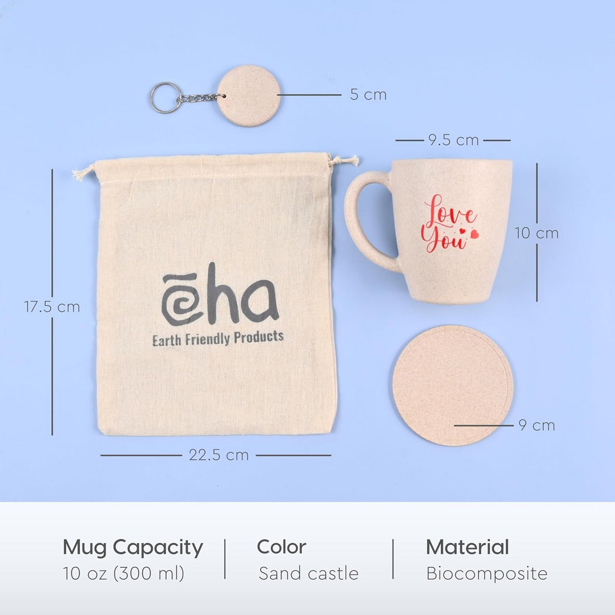 Ecofy Earth-Friendly Love You-krus til kaffe | Par gaver | Jubilæumsgave til par Special | Sæt med 1 | 300 ml | Kaffekrus | Lavet med risskaller| Sand Castle TUV Certificeret