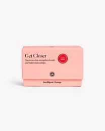  Relationship question card game with colorful cards in a pink box.