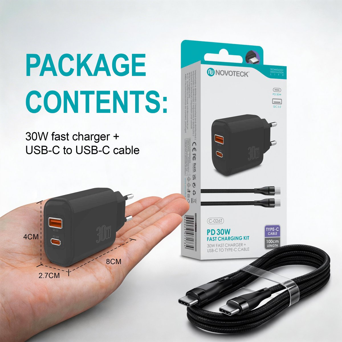 30W PD Charger Kit with 1m USB-C Cable – NOVOTECK C-026T