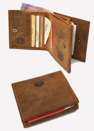 Vintage leather wallet with multiple compartments for cards, cash, and other items. Made of high-quality brown leather with a classic design.