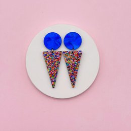 Blue resin drop earrings with colorful confetti cone-shaped pendants, statement jewelry