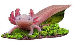 A pink axolotl figurine sitting on a bed of green moss and leaves. The axolotl has a long, slender body and feathery gills on its head.