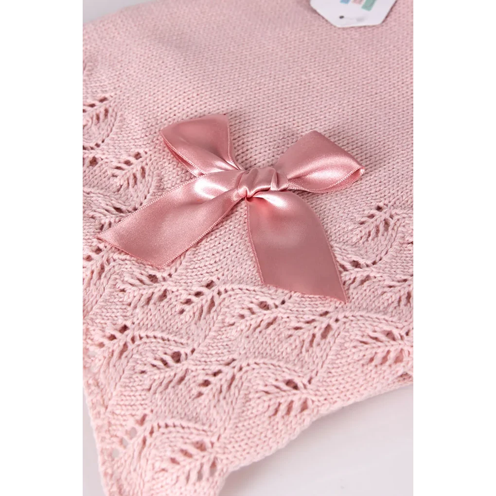 Couverture en tricot pointelle pour bébé avec nœud, rose