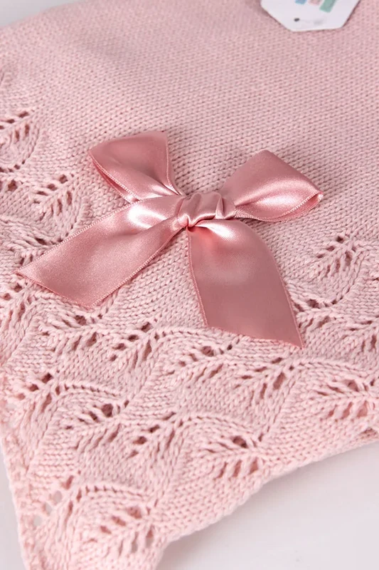 Couverture en tricot pointelle pour bébé avec nœud, rose